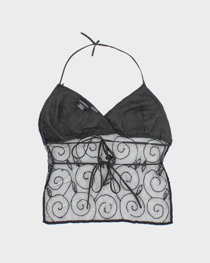 Y2K Black Beaded Mesh Halter Top - L