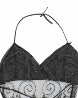 Y2K Black Beaded Mesh Halter Top - L
