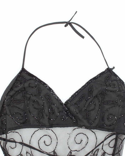 Y2K Black Beaded Mesh Halter Top - L