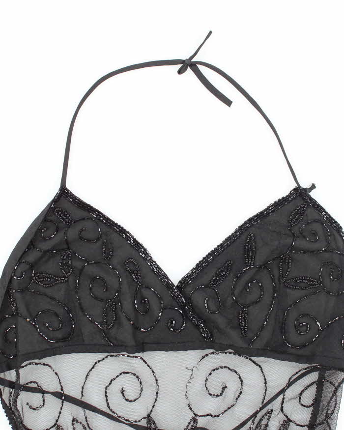 Y2K Black Beaded Mesh Halter Top - L
