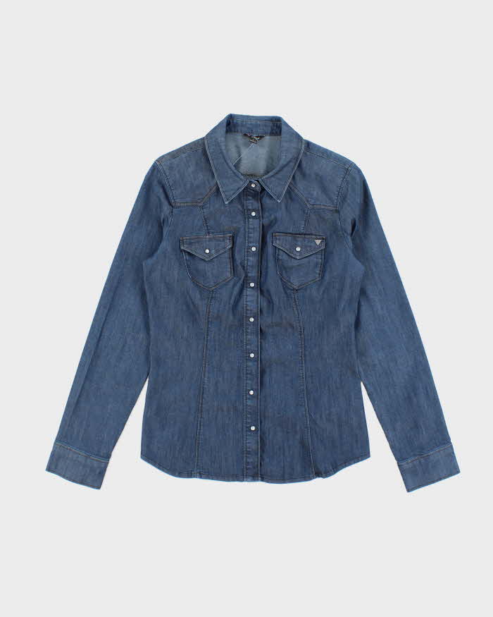 Vintage Y2K Guess Dark Wash Long Sleeve Denim Shirt - L