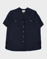 GANNI Navy Blue Cuban Collar Oversized Short Sleeve Shirt - L
