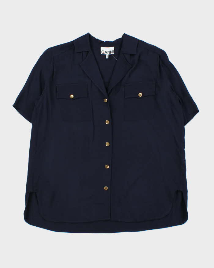 GANNI Navy Blue Cuban Collar Oversized Short Sleeve Shirt - L