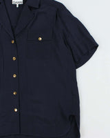 GANNI Navy Blue Cuban Collar Oversized Short Sleeve Shirt - L