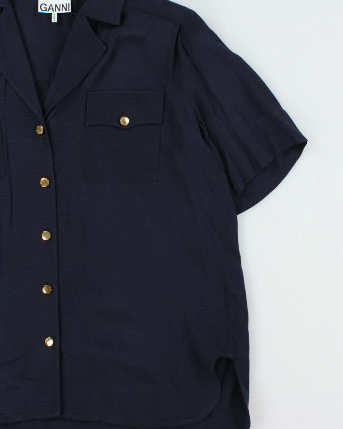 GANNI Navy Blue Cuban Collar Oversized Short Sleeve Shirt - L