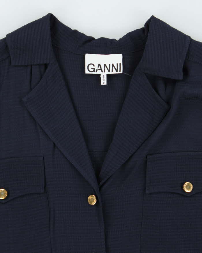 GANNI Navy Blue Cuban Collar Oversized Short Sleeve Shirt - L