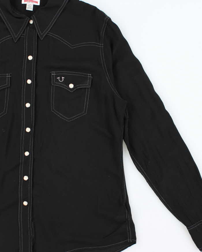 Vintage True Religion Women's Embellished Cryst Contrast Stitch Pearl Snap Button Long Sleeve Western Shirt - L