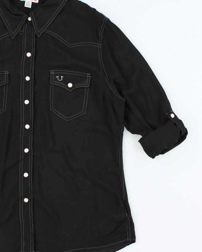 Vintage True Religion Women's Embellished Cryst Contrast Stitch Pearl Snap Button Long Sleeve Western Shirt - L