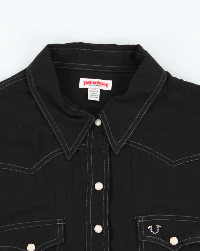 Vintage True Religion Women's Embellished Cryst Contrast Stitch Pearl Snap Button Long Sleeve Western Shirt - L