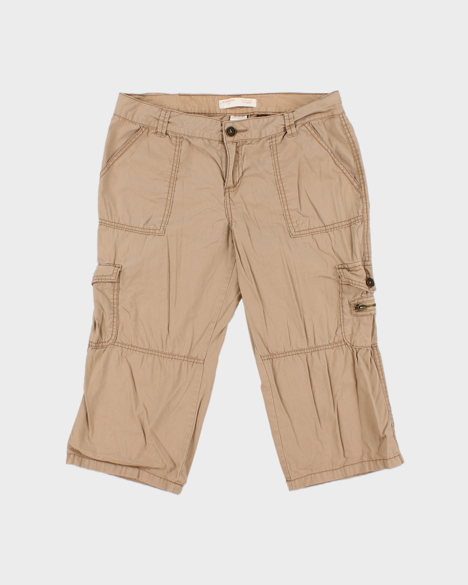 Vintage Y2K 00s No Boundaries Women's Desert Khaki Mid Rise Canvas Multi-Pocket 3/4 Length Straight Leg Cargo Capri Shorts - S