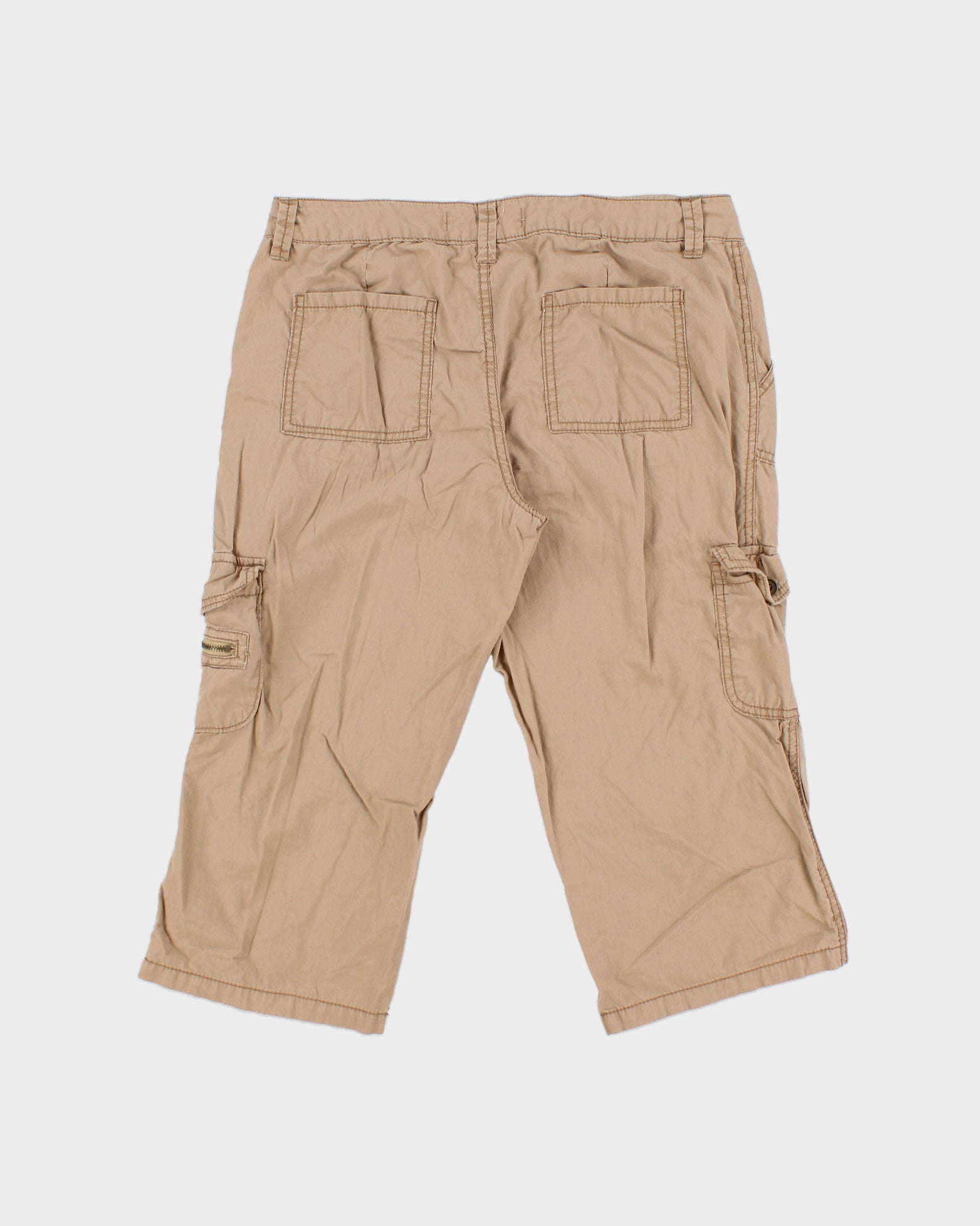 Vintage Y2K 00s No Boundaries Women's Desert Khaki Mid Rise Canvas Multi-Pocket 3/4 Length Straight Leg Cargo Capri Shorts - S