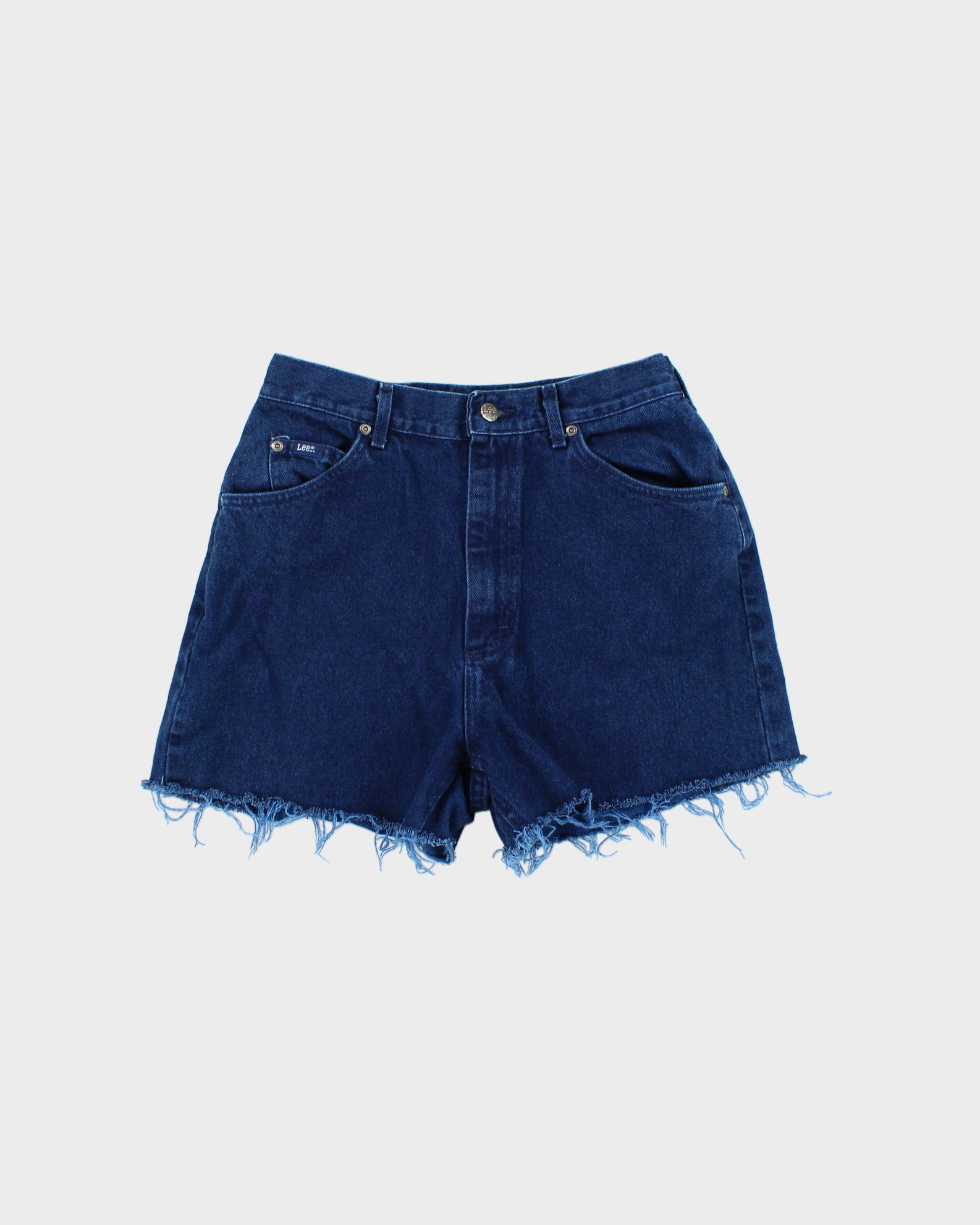 Vintage 1970s Lee Women's High-Rise Indigo Denim Union Made In USA Frayed Mini Shorts - W28