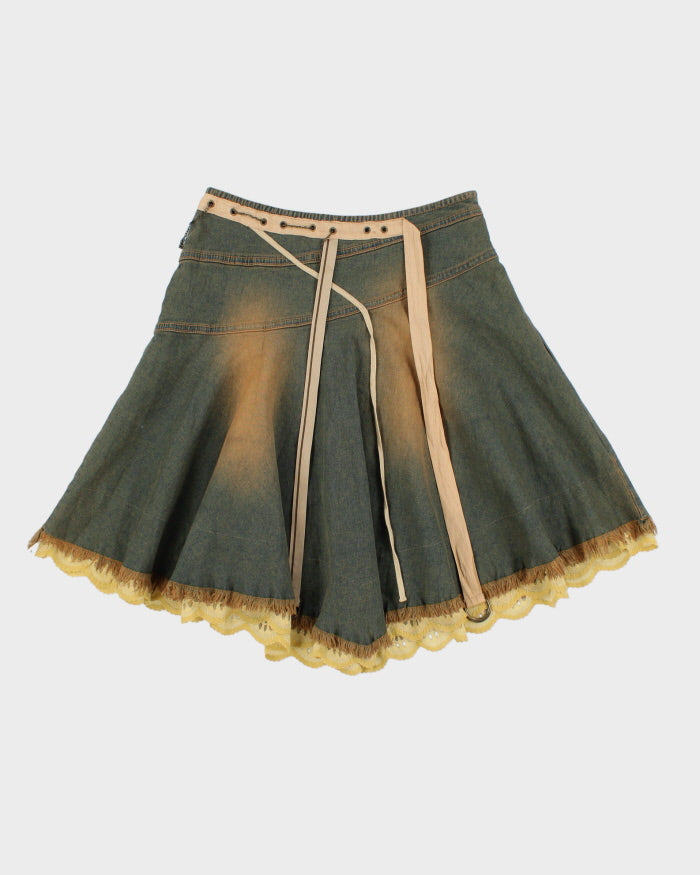 Vintage 2000s Y2k Lead Collective Lace Trim Frayed Hem Denim Skirt -XS
