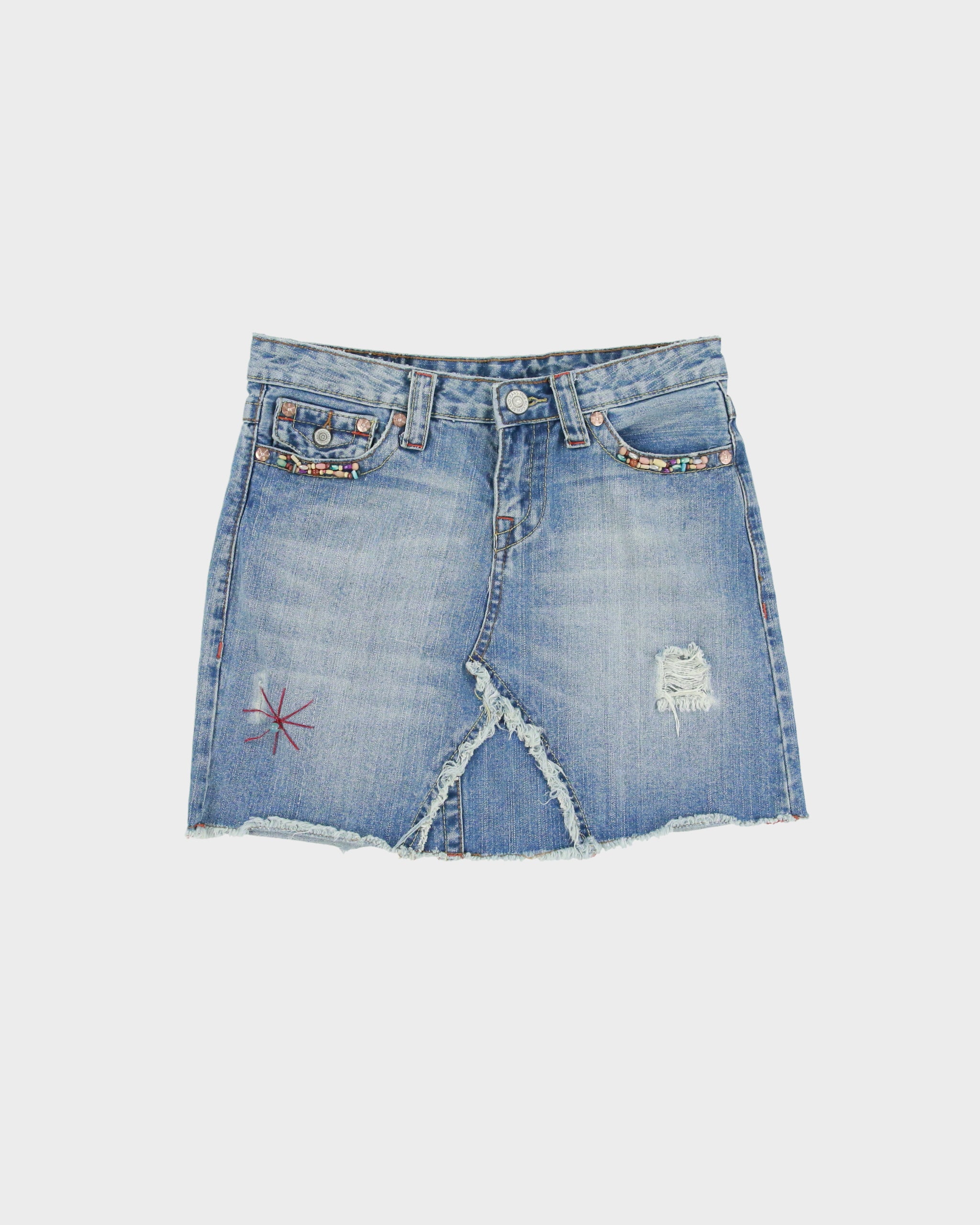 Vintage Y2K 00s True religion Beaded Distressed Denim Mini Skirt - S