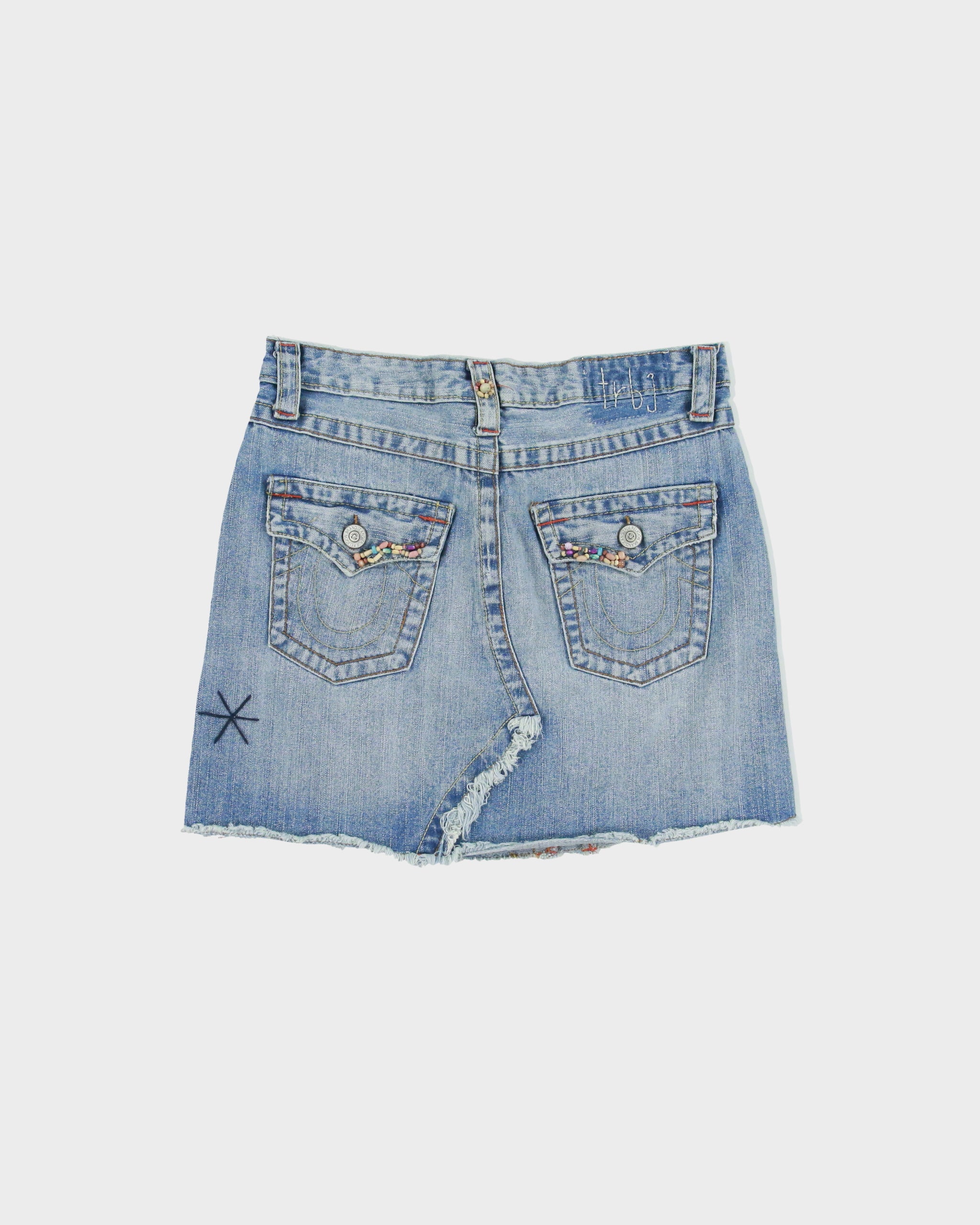 Vintage Y2K 00s True religion Beaded Distressed Denim Mini Skirt - S