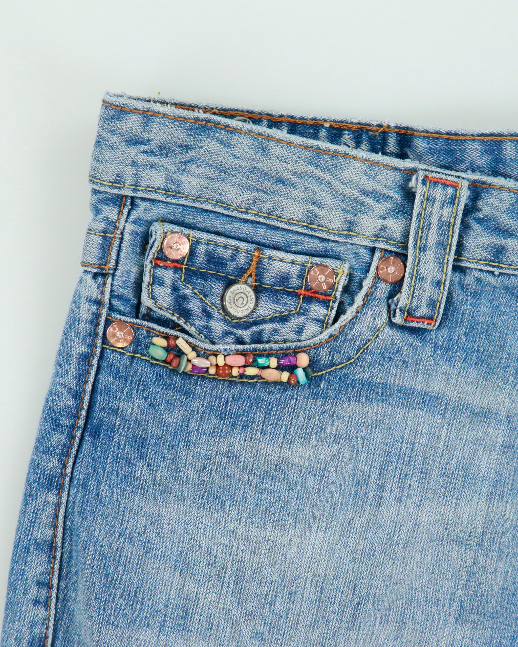 Vintage Y2K 00s True religion Beaded Distressed Denim Mini Skirt - S