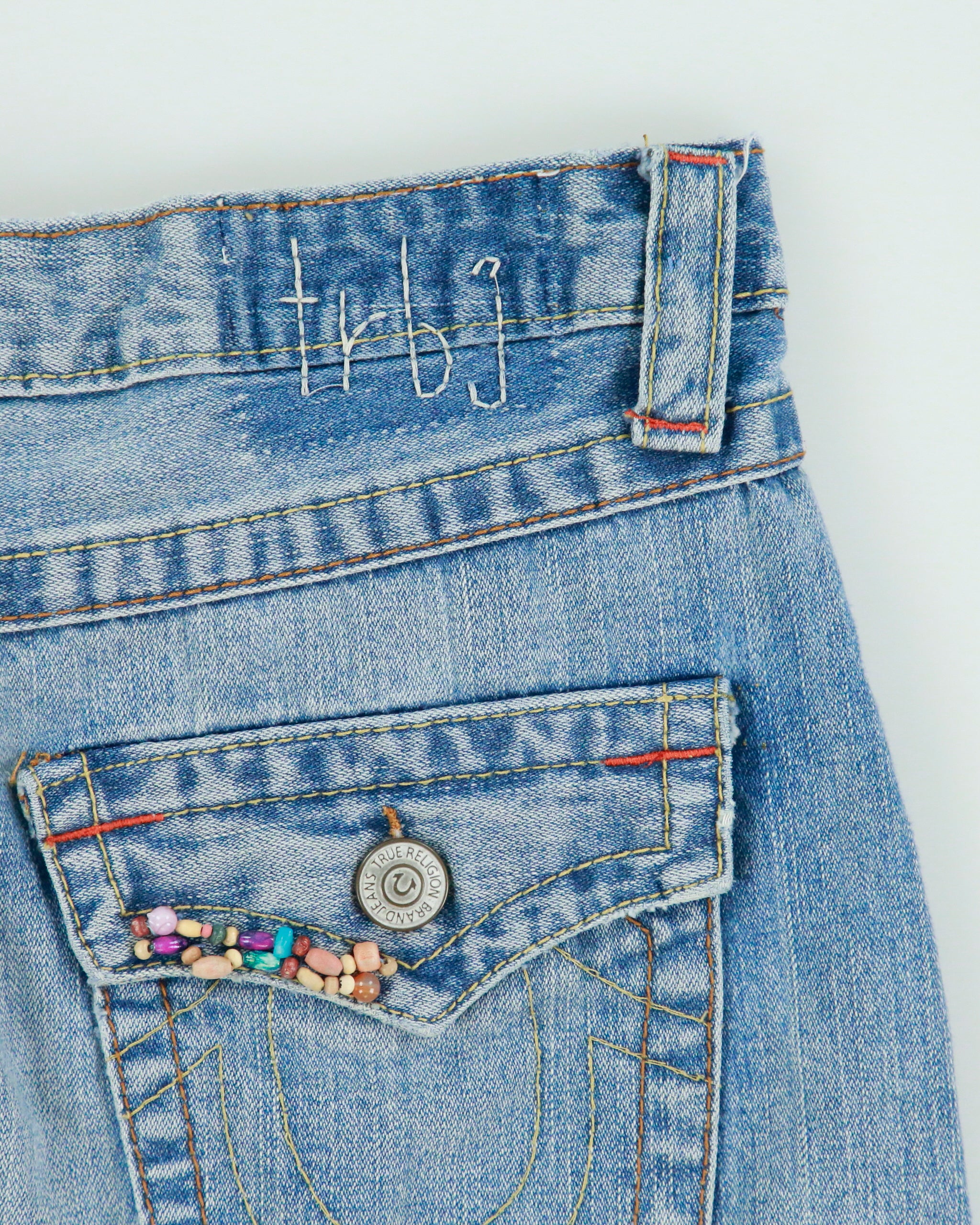 Vintage Y2K 00s True religion Beaded Distressed Denim Mini Skirt - S