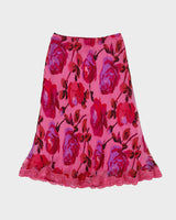 Vintage 1990s Betsey Jonson Lace Trim Floral Silk Skirt - XS