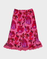 Vintage 1990s Betsey Jonson Lace Trim Floral Silk Skirt - XS