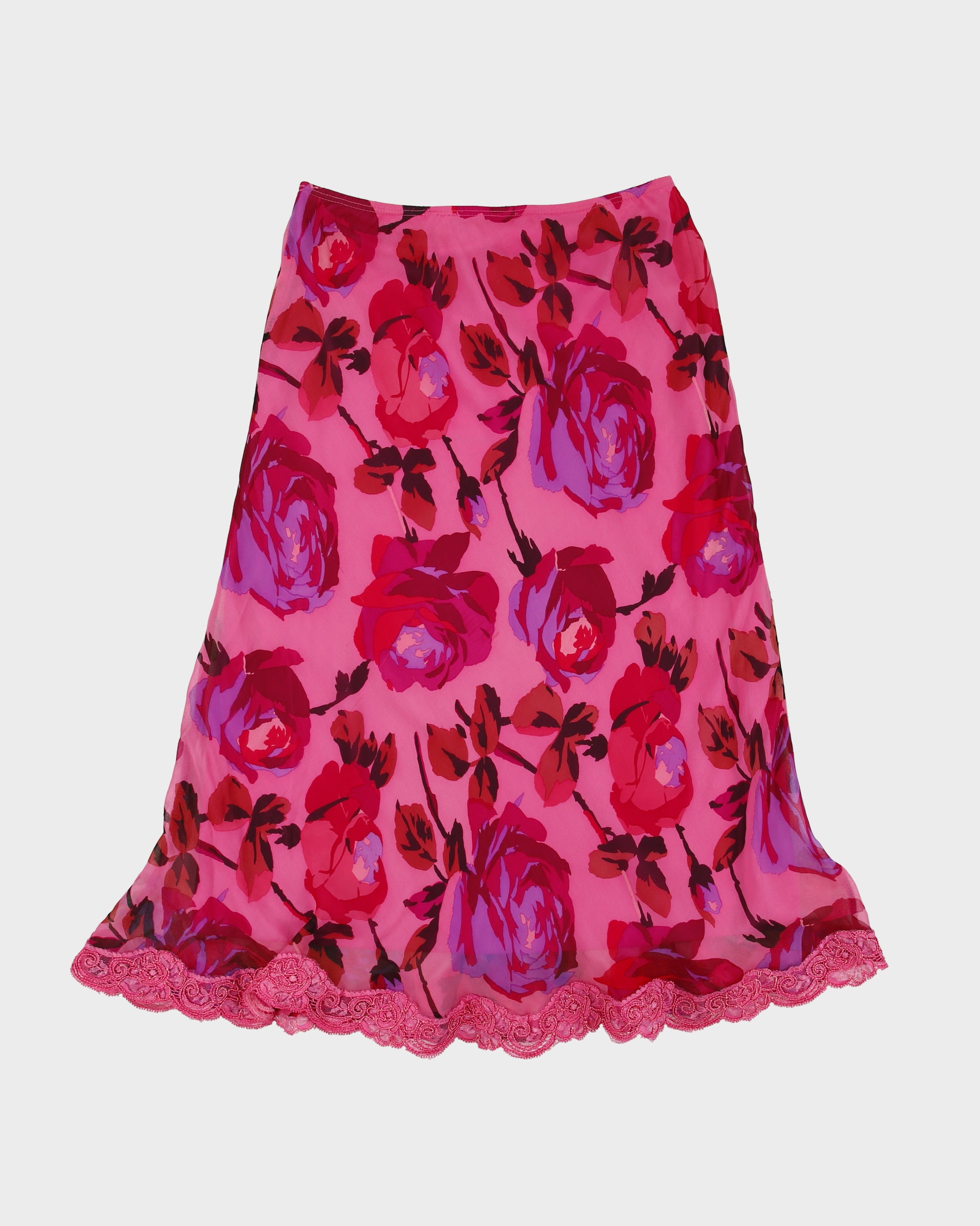 Vintage 1990s Betsey Jonson Lace Trim Floral Silk Skirt - XS