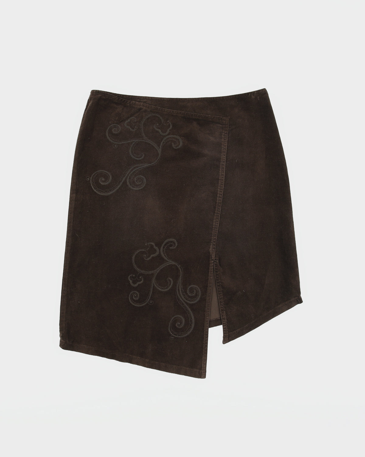 Vintage Y2K 00s Mexx Moleskin Embroidered Asymmetric Hem Split Skirt - S