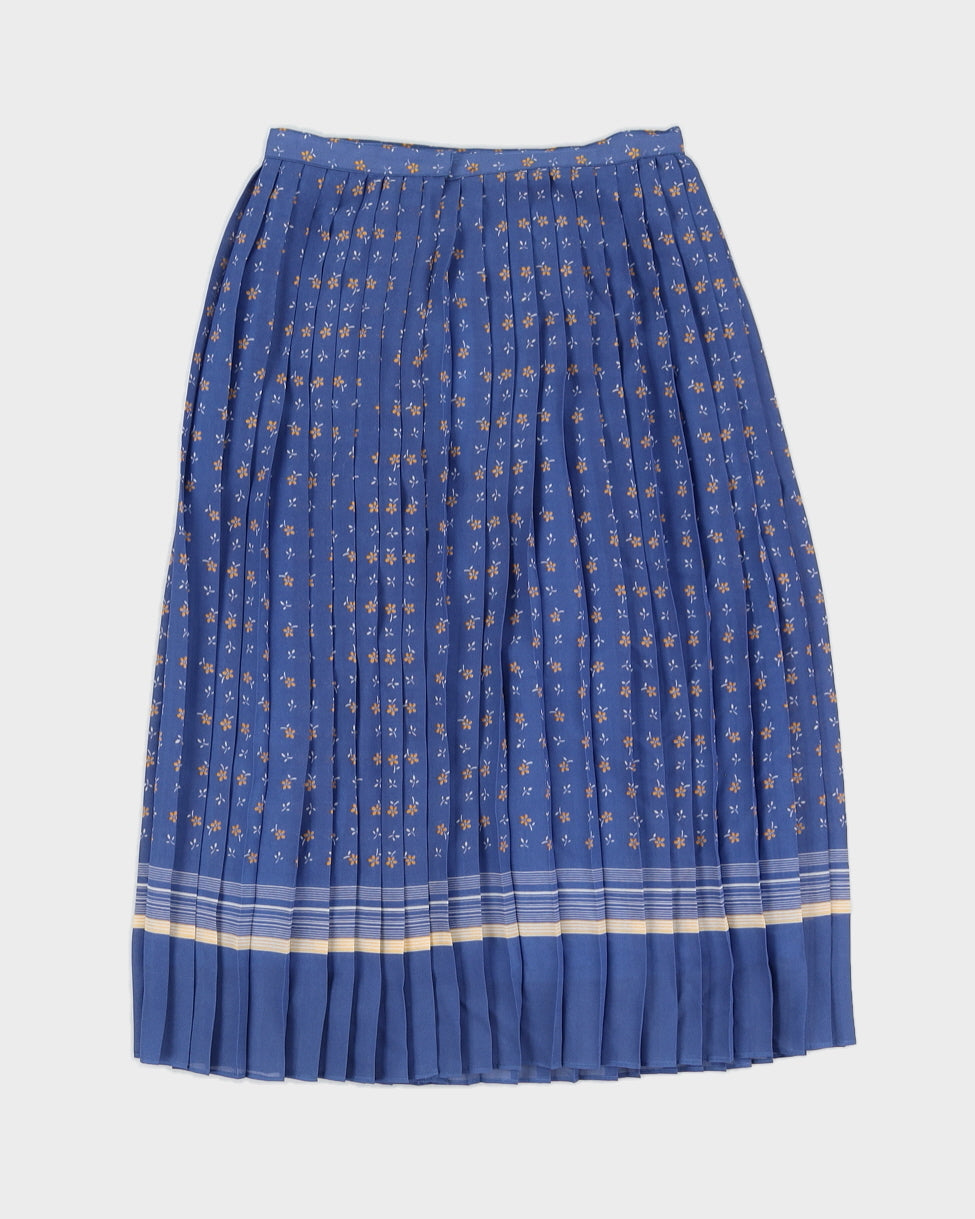 Blue Floral Patterned Pleated Midi Skirt - S