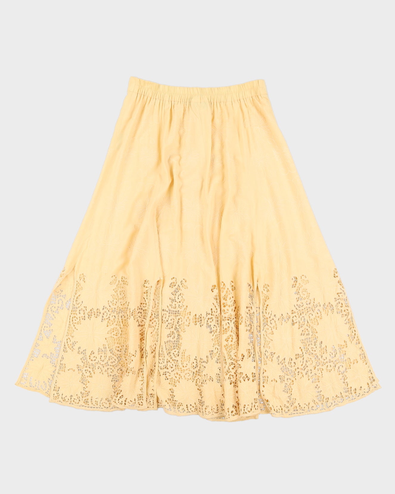 Vintage 90s Heliotrope Yellow Lace Button Down Midi Skirt - S/M