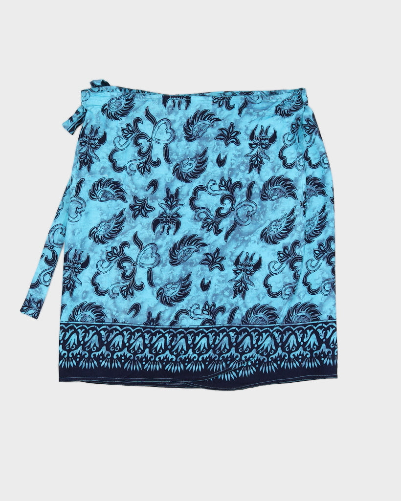 Blue Hawaiian Printed Wrap Skirt - O/S