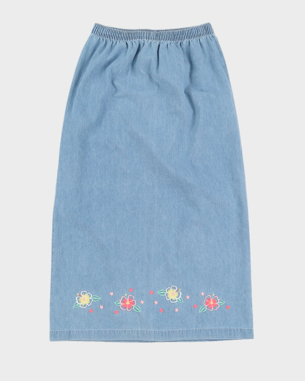 Vintage 90s Alia Sport Denim Midi Skirt With Floral Embroidery - S