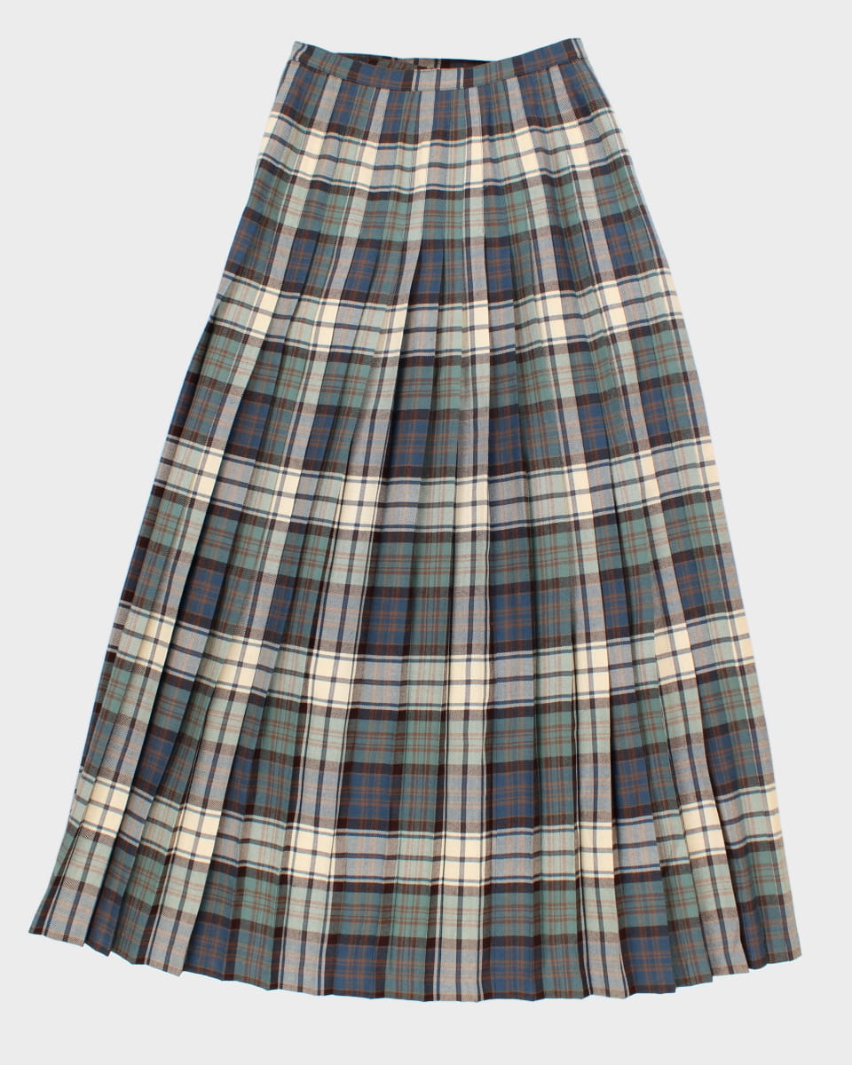 70's Vintage Wool Pleated Check Longer Skirt - S