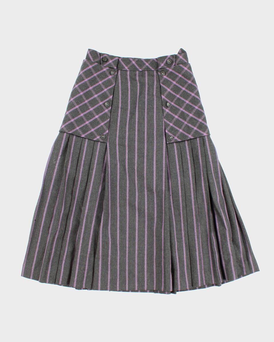 80's Vintage Pleated Check Skirt with Button Detailing - S