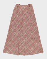 Vintage 1970s Burgundy Checked Wool Maxi Skirt  - S