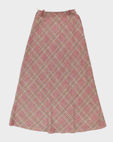 Vintage 1970s Burgundy Checked Wool Maxi Skirt  - S