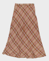 Vintage 1970s Brown Plaid Wool Maxi Skirt - M