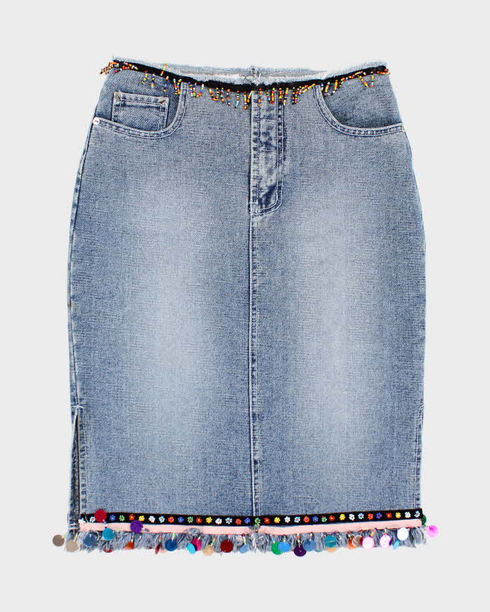 Y2k 00s Denim Beaded Sequin Skirt - S