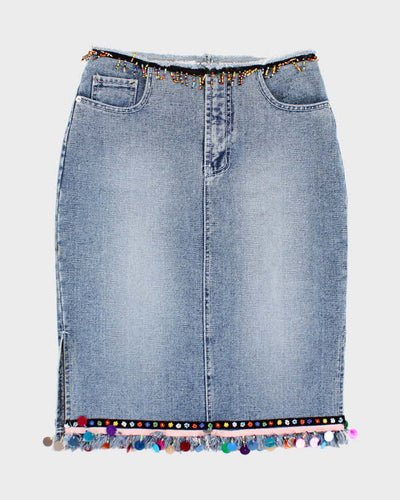 Y2k 00s Denim Beaded Sequin Skirt - S