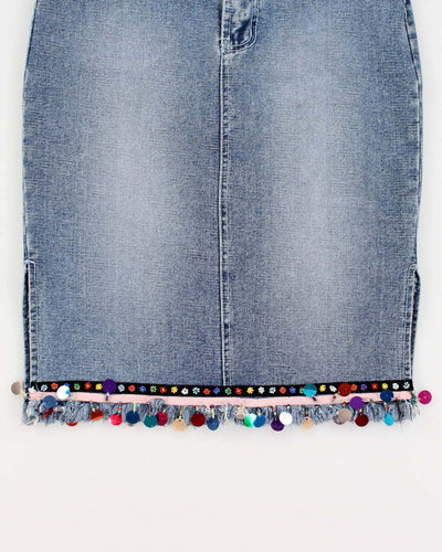 Y2k 00s Denim Beaded Sequin Skirt - S