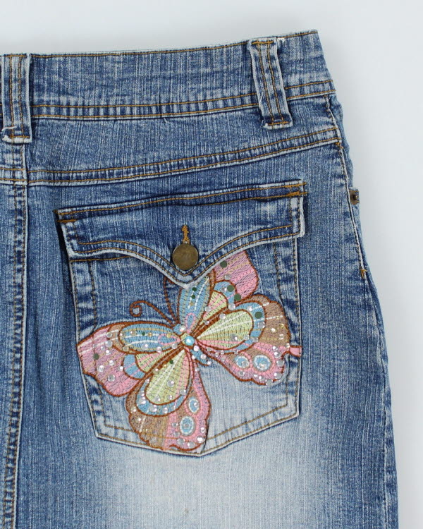 Y2k 00s Embroidered Rhinestone Denim Skirt - S