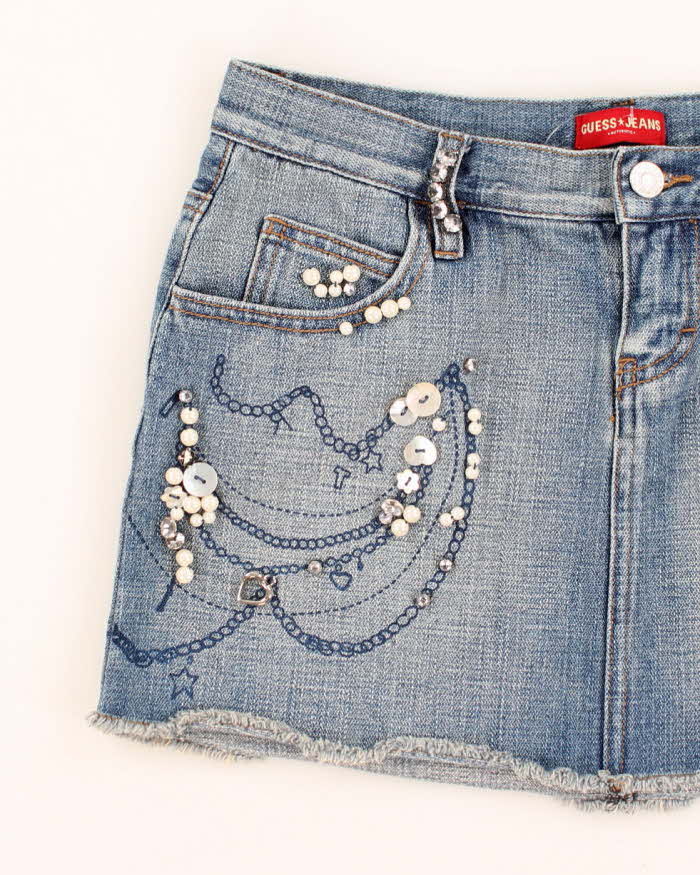 Vintage Y2k 00s Guess Embellished Denim Mini Skirt - XS