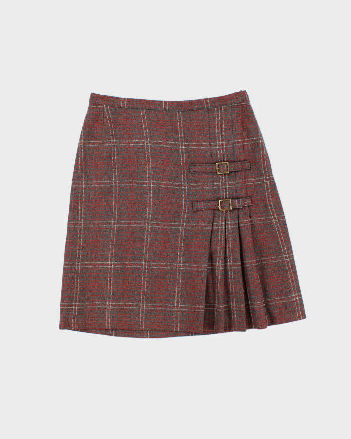 Vintage 1970s Wool Blend Check Double Buckle Skirt - XS