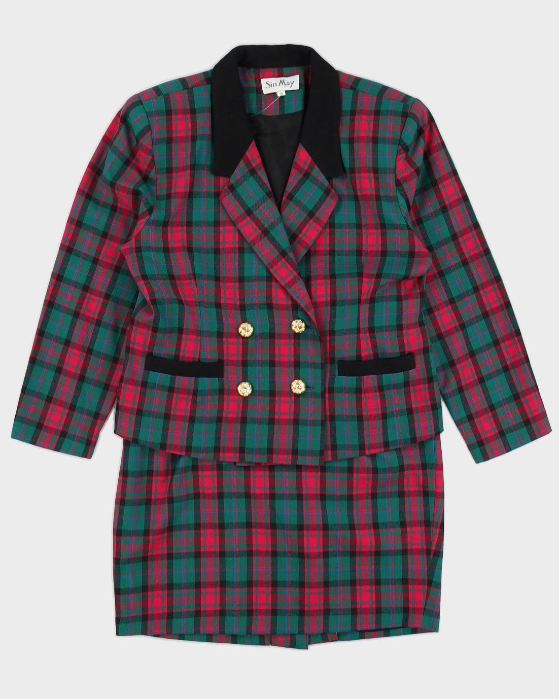 Vintage 90s Sin May Pink &amp; Green Plaid Double Breasted Skirt Suit - M/L