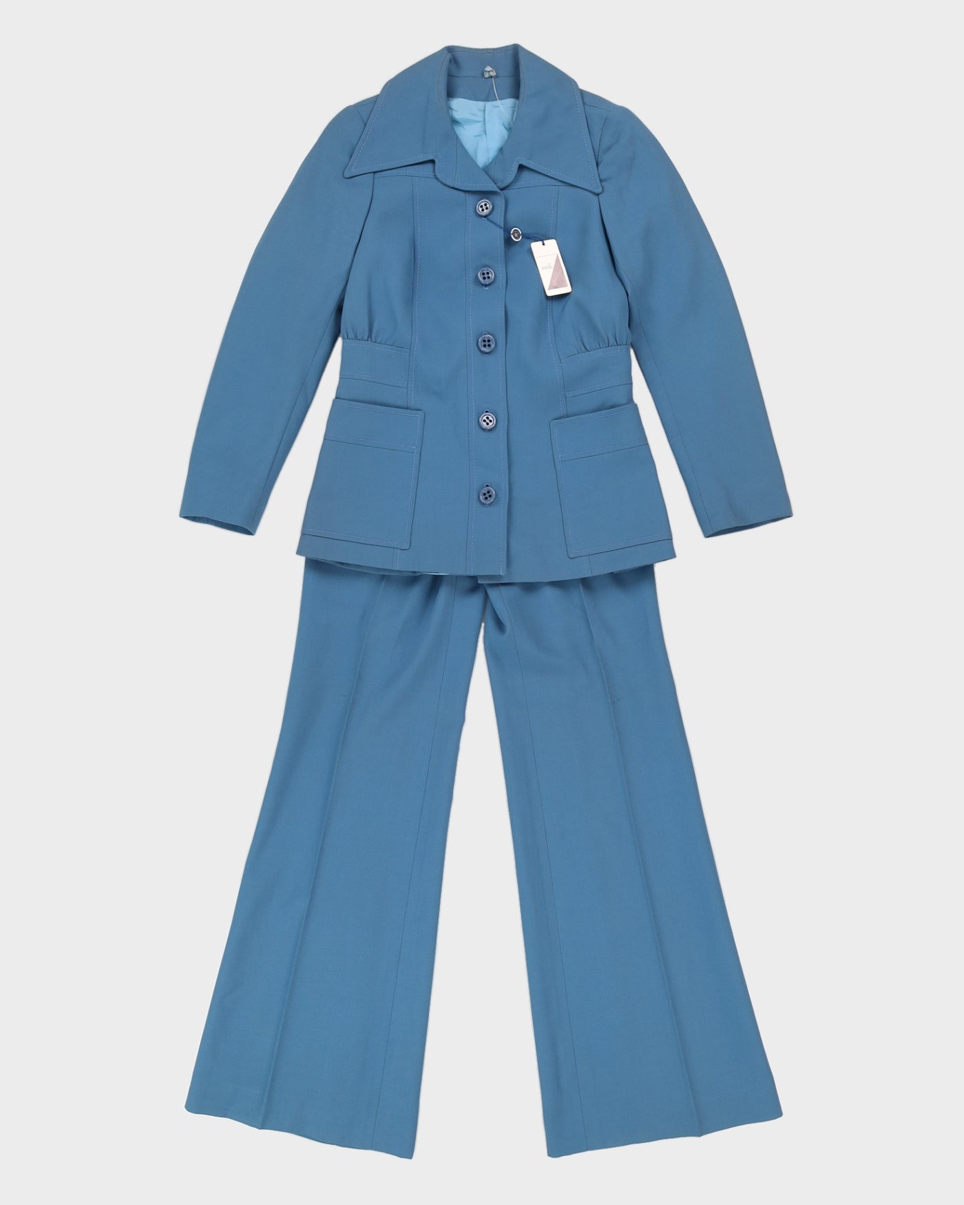 Vintage 70s Moda Women's Blue Fitted Two Piece Suit - S