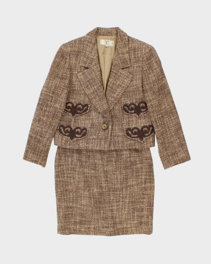 Vintage 1980s Women's Valentino Miss V Tweed Wool Two-Piece Blazer & Skirt Suit - L