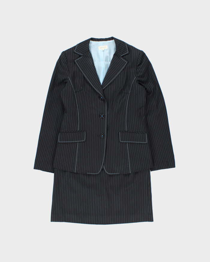 Vintage Y2K 00s Via Roma Women's Wool Blend Pin Striped Contrast Stitch Two-Piece Skirt Suit - M
