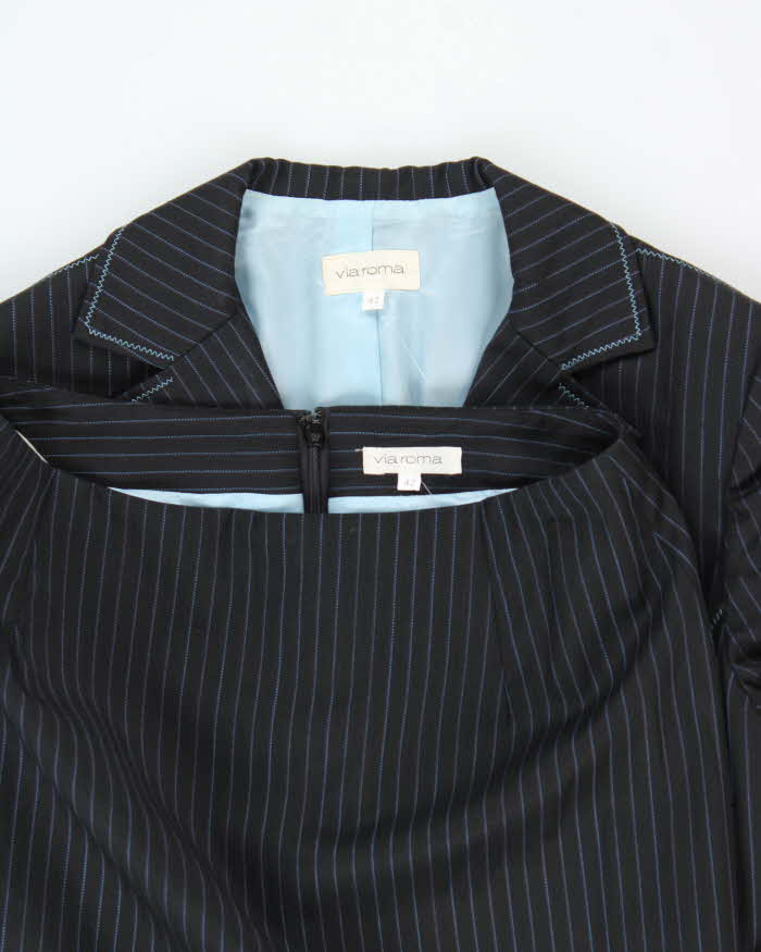 Vintage Y2K 00s Via Roma Women's Wool Blend Pin Striped Contrast Stitch Two-Piece Skirt Suit - M