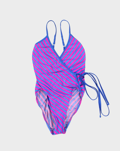 Vintage Purple and Blue Striped Wrap Swimsuit - XS