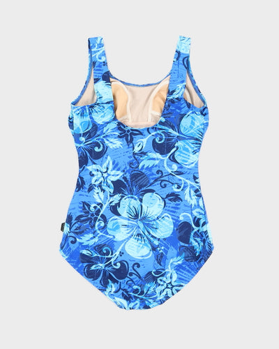 Vintage Blue Hibiscus Print Swimsuit - M