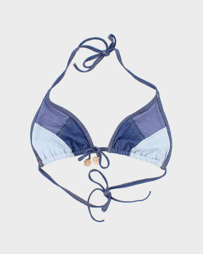 Vintage Y2k 00s Denim Pachtwork Bikini Top - L