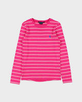 Vintage Y2K 00s Ralph Lauren Sport Women's Hot Pink Heavyweight Striped Long Sleeve Fitted Crewneck Shirt - L