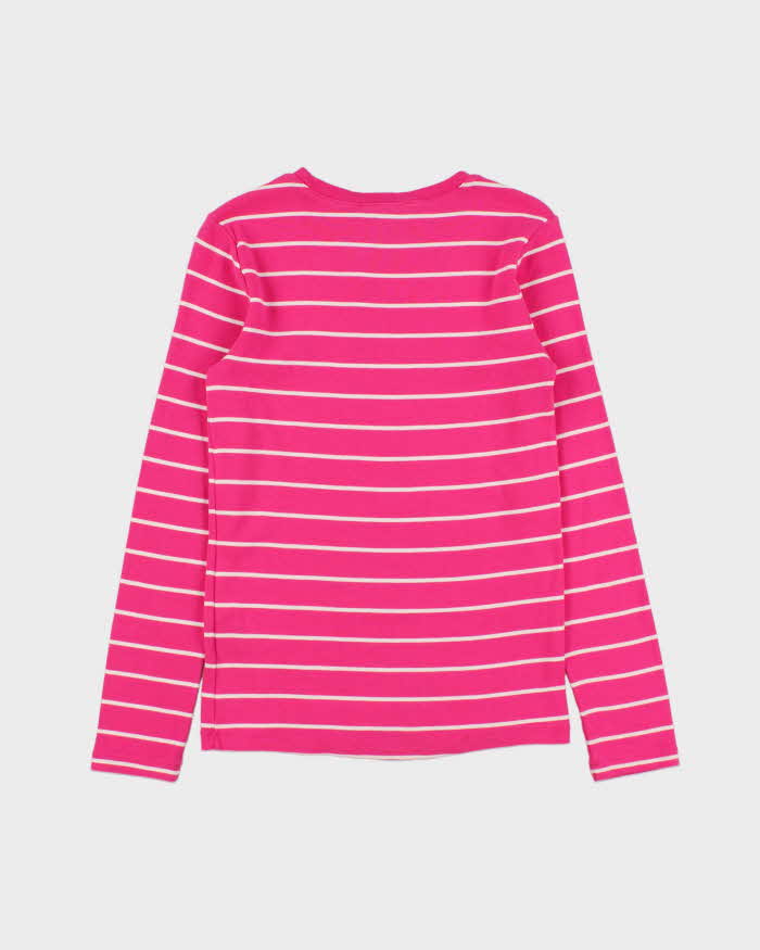 Vintage Y2K 00s Ralph Lauren Sport Women's Hot Pink Heavyweight Striped Long Sleeve Fitted Crewneck Shirt - L